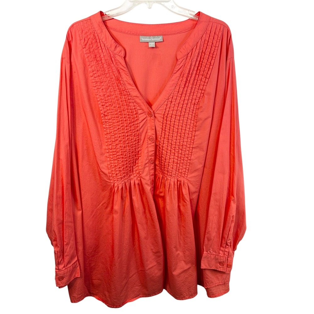 Woman Within Plus Size 34/36W Top 4X Coral Cotton‎ Pintuck Tunic Office Pink 429
